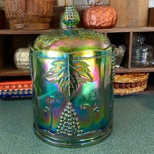Large Green Carnival Glass Canister Indiana Glass Lime Green Iridescent